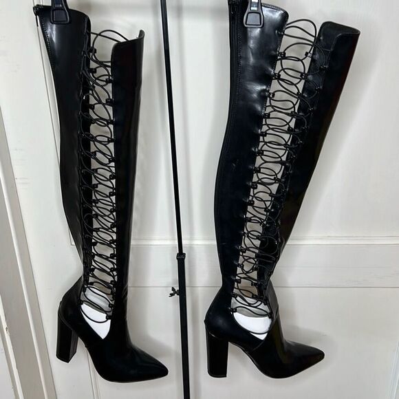Privileged Lace Up Heeled Over The Knee Heeled Boots Black Faux Leather Size 7.5 - Picture 1 of 7